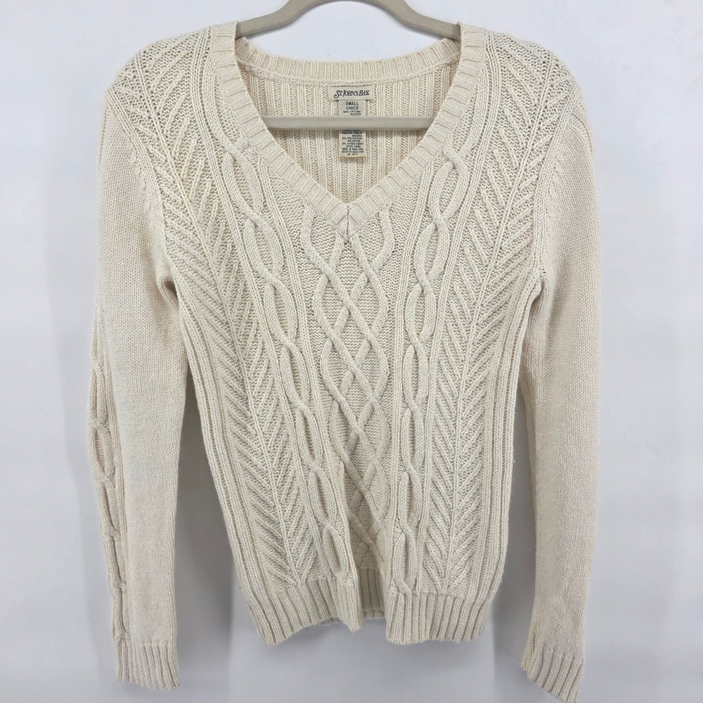 ST JOHNS BAY Womens Small Cream Cable Knit V Neck Sweater Angora Blend Sparkle - Picture 1 of 7